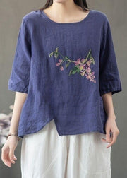 Loose Linen O Neck Print Linen T Shirt Half Sleeve