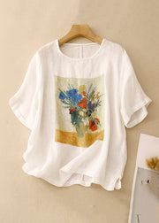 Loose Linen O Neck Print Side Open Linen T Shirts Summer