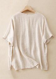 Loose Linen O Neck Print Side Open Linen T Shirts Summer