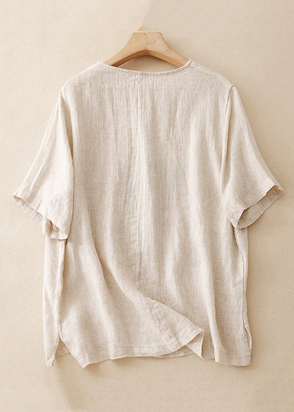 Loose Linen O Neck Print Side Open Linen T Shirts Summer