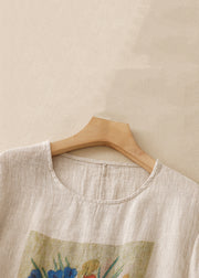 Loose Linen O Neck Print Side Open Linen T Shirts Summer