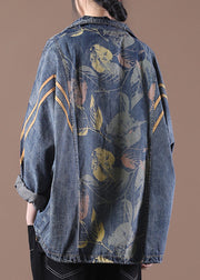 Loose Make Old Blue Stand Collar Zippered Print Denim Coats Long Sleeve