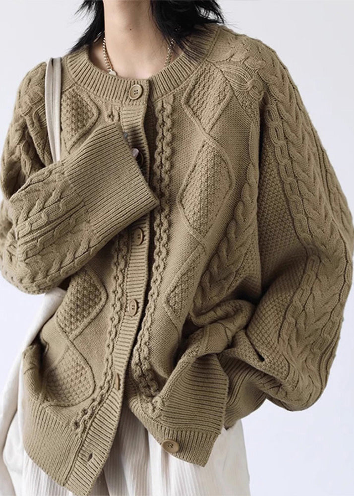 Loose Milk Tea Color Button Cozy Thick Cable Knit Sweater Spring