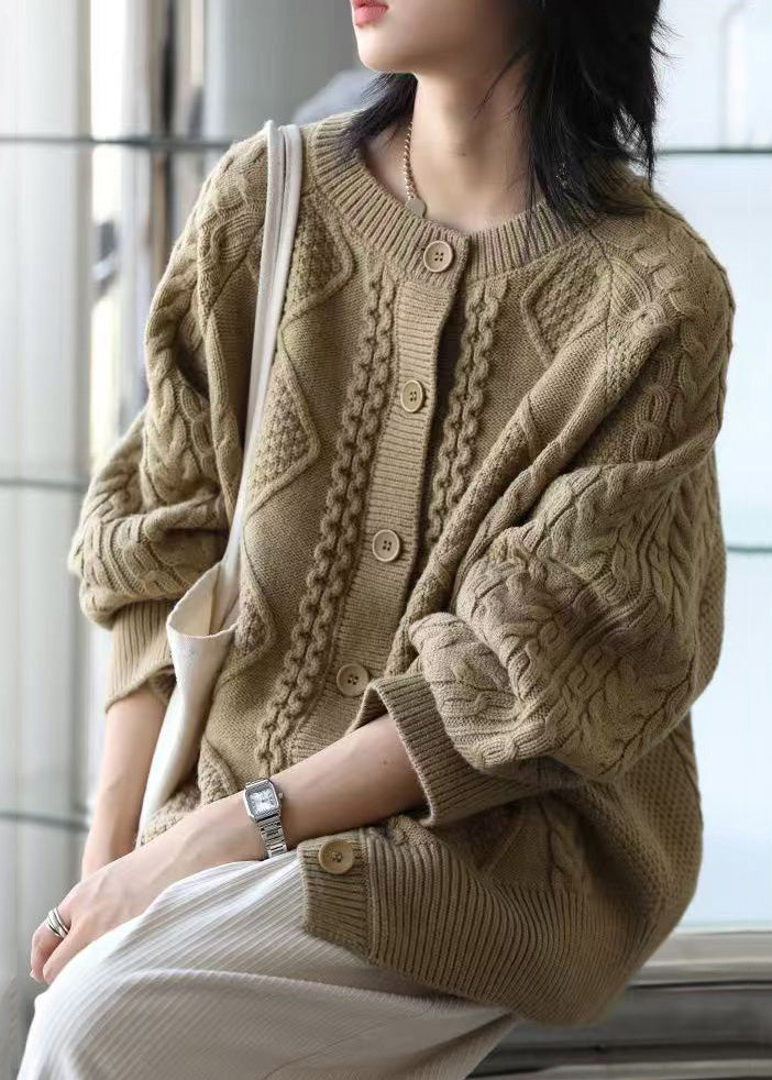 Loose Milk Tea Color Button Cozy Thick Cable Knit Sweater Spring