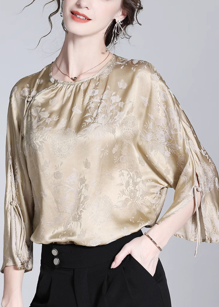 Loose Milk Tea Color Button Side Open Silk Blouses Fall