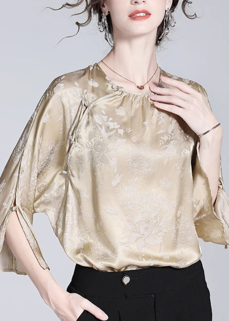 Loose Milk Tea Color Button Side Open Silk Blouses Fall