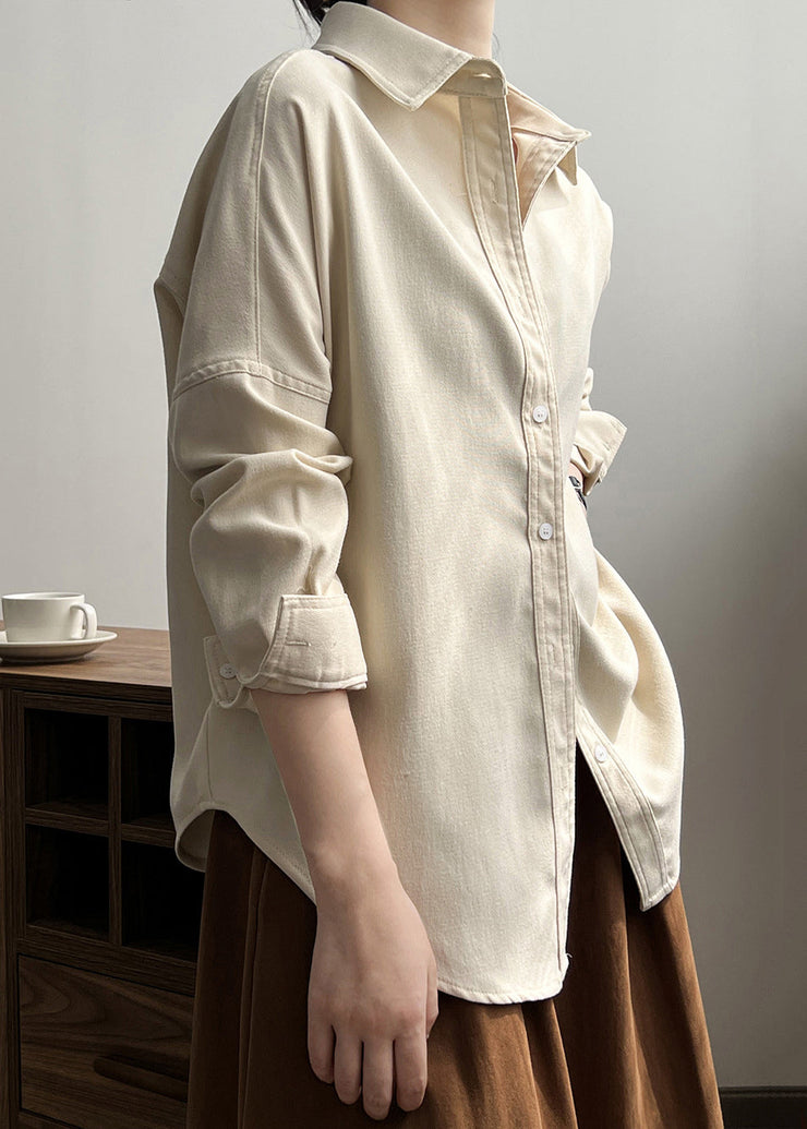 Loose Milky White Peter Pan Collar Button Cotton Shirt Long Sleeve