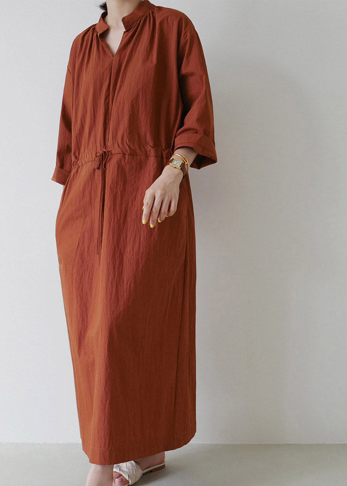 Loose Mulberry V Neck Drawstring Tie Waist Linen Holiday Long Dress Long Sleeve