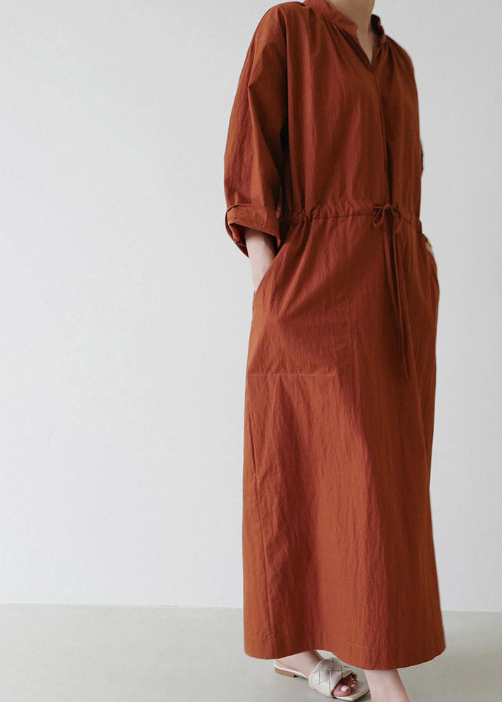 Loose Mulberry V Neck Drawstring Tie Waist Linen Holiday Long Dress Long Sleeve