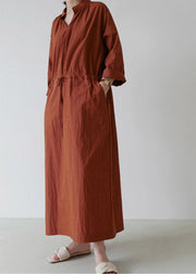 Loose Mulberry V Neck Drawstring Tie Waist Linen Holiday Long Dress Long Sleeve