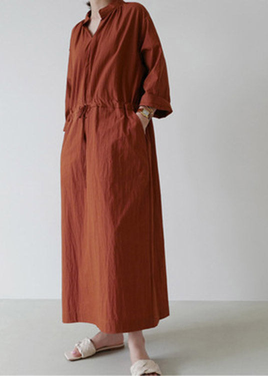 Loose Mulberry V Neck Drawstring Tie Waist Linen Holiday Long Dress Long Sleeve