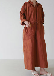 Loose Mulberry V Neck Drawstring Tie Waist Linen Holiday Long Dress Long Sleeve