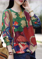 Loose Multi O Neck Patchwork Cozy Cotton Knit Top Long Sleeve