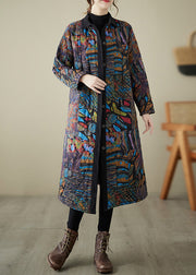 Loose Multi Print ButtonPockets Cotton Filled Parka Long Sleeve