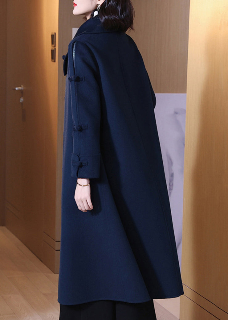 Loose Navy Button Pockets Wool Coats Long Sleeve