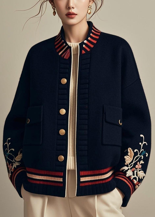 Loose Navy Button Print Pockets Patchwork Coats Fall