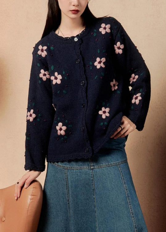 Loose Navy Floral Button Cozy Knit Coats Winter