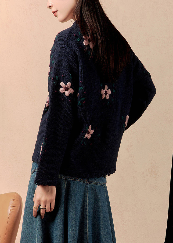 Loose Navy Floral Button Cozy Knit Coats Winter