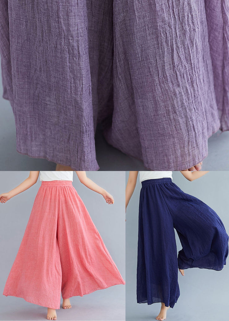 Loose Navy High Waist Solid Color Linen Wide Leg Pants Summer