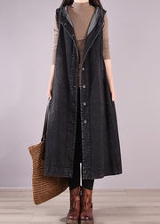 Loose Navy Hooded Button Denim Waistcoat Long Coats Sleeveless