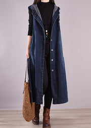 Loose Navy Hooded Button Denim Waistcoat Long Coats Sleeveless