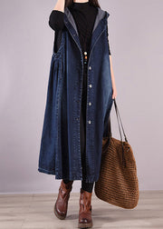 Loose Navy Hooded Button Denim Waistcoat Long Coats Sleeveless