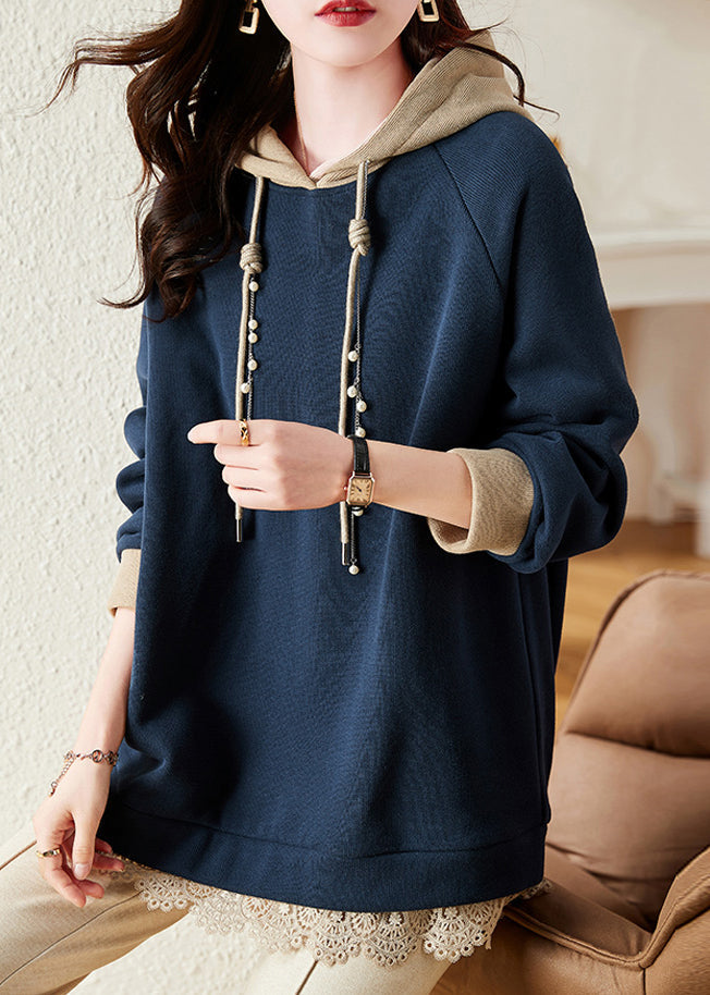 Loose Navy Hooded Nail Bead Patchwork Fleece Sweatshirt Long Sleeve