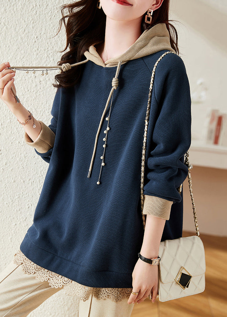 Loose Navy Hooded Nail Bead Patchwork Fleece Sweatshirt Long Sleeve