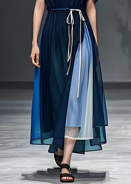 Loose Navy Lace Up Patchwork Chiffon Long Dress Summer