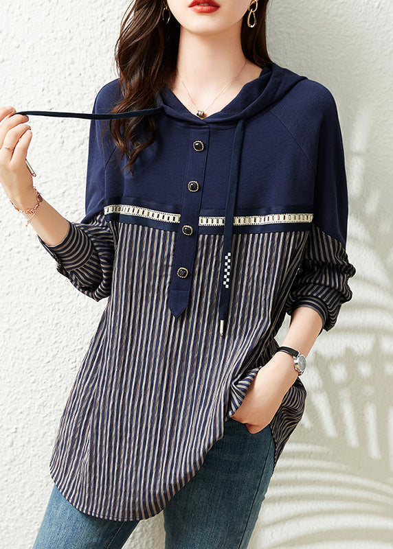 Loose Navy Neck Tie Striped Patchwork Hooded Sweatshirts Long Sleeve