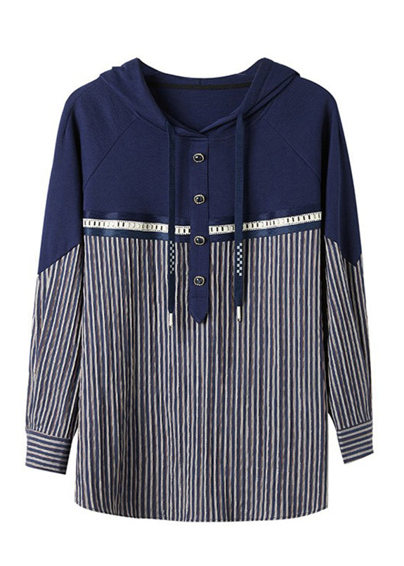 Loose Navy Neck Tie Striped Patchwork Hooded Sweatshirts Long Sleeve