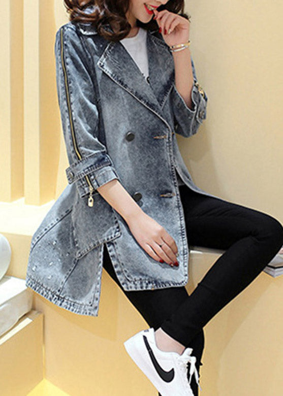 Loose Navy Notched Patchwork Side Open Button Long Denim Coats Spring