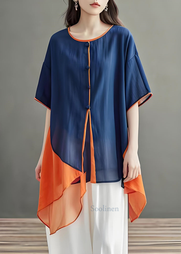 Loose Navy O Neck Asymmetrical Design Cotton Tops Summer