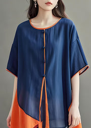 Loose Navy O Neck Asymmetrical Design Cotton Tops Summer