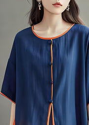 Loose Navy O Neck Asymmetrical Design Cotton Tops Summer