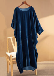 Loose Navy O Neck Asymmetrical Patchwork Silk Velour Dresses Fall