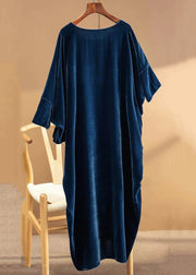 Loose Navy O Neck Asymmetrical Patchwork Silk Velour Dresses Fall