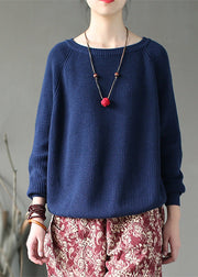 Loose Navy O Neck Cozy Knitting Cotton Short Sweater Spring