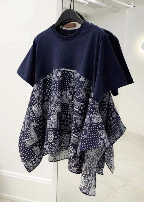 Loose Navy O-Neck Print Patchwork Cotton T Shirt Summer