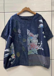 Loose Navy O Neck Print Patchwork Denim T Shirts Summer