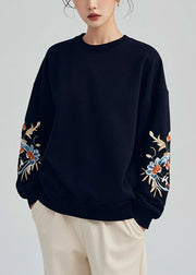 Loose Navy O Neck Print Warm Fleece Sweatshirt Winter