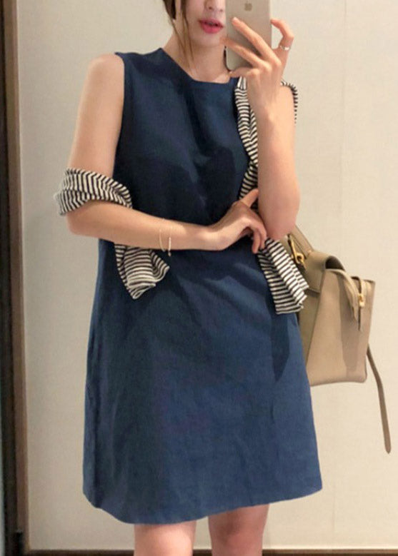 Loose Navy O-Neck Solid Long Dresses Summer