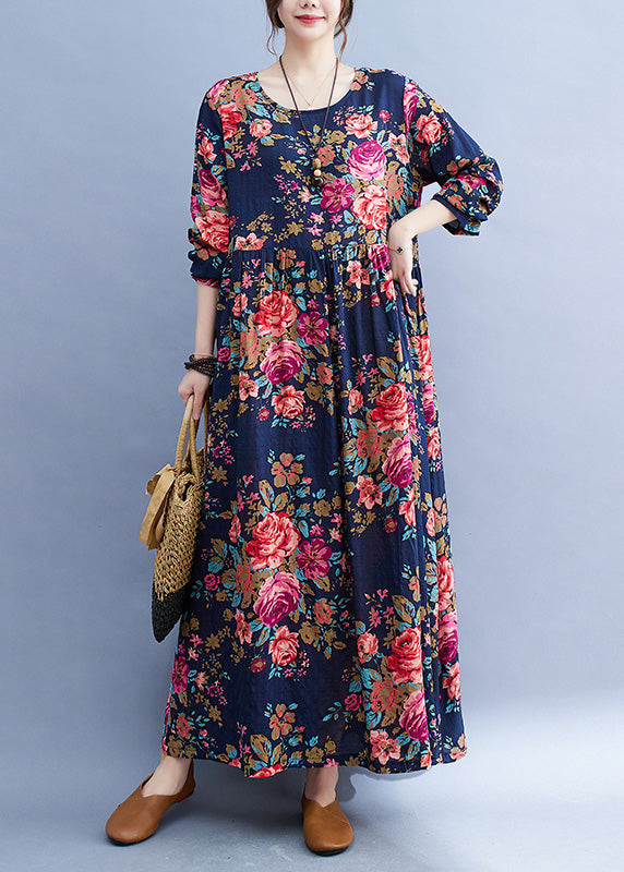 Loose Navy O-NeckPatchwork Print Cotton Party Long Dress Short Sleeve