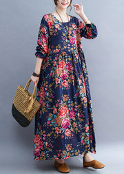 Loose Navy O-NeckPatchwork Print Cotton Party Long Dress Short Sleeve