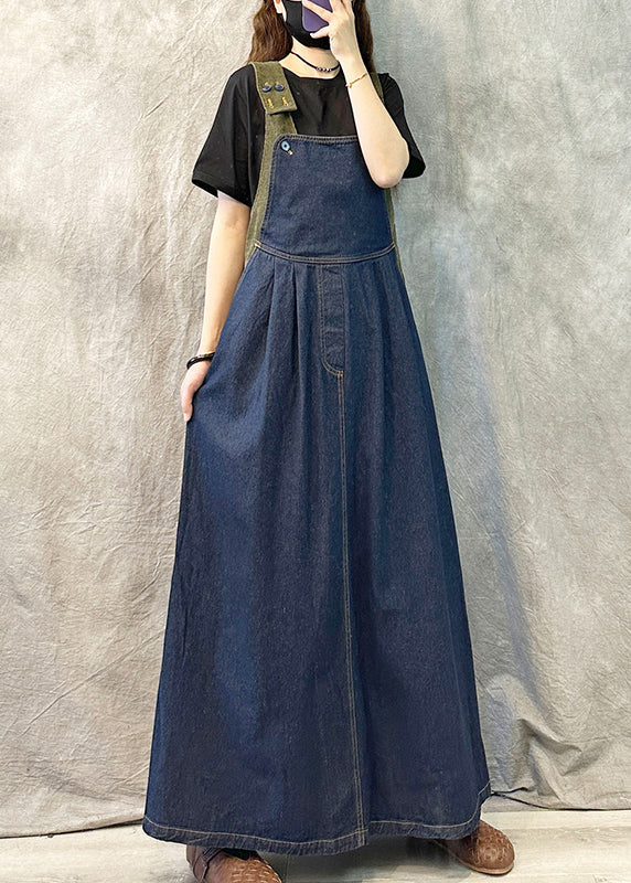 Loose Navy Patchwork Denim Dress With Straps Spring Summer