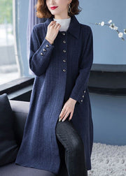 Loose Navy Peter Pan Collar Button Patchwork Woolen Coats Fall