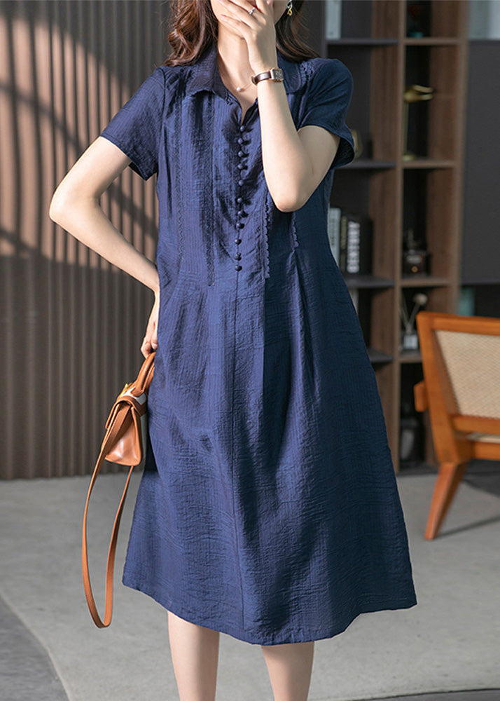 Loose Navy Peter Pan Collar Button Solid Long Dresses Short Sleeve