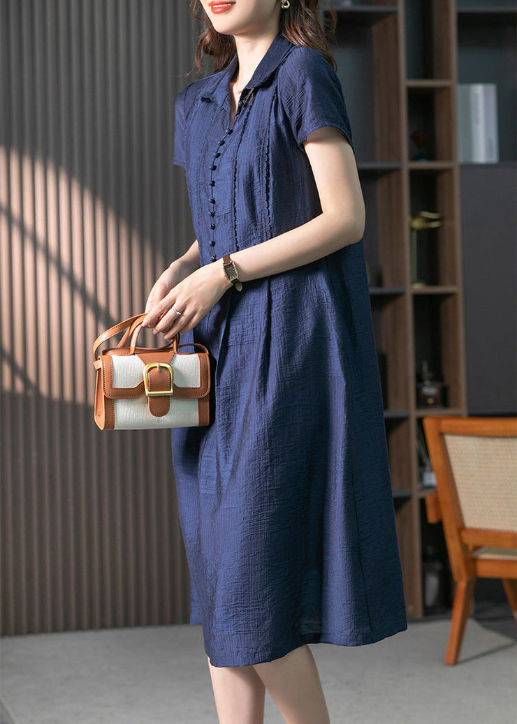 Loose Navy Peter Pan Collar Button Solid Long Dresses Short Sleeve