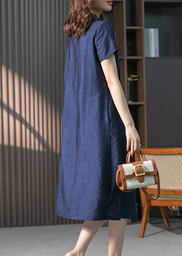 Loose Navy Peter Pan Collar Button Solid Long Dresses Short Sleeve