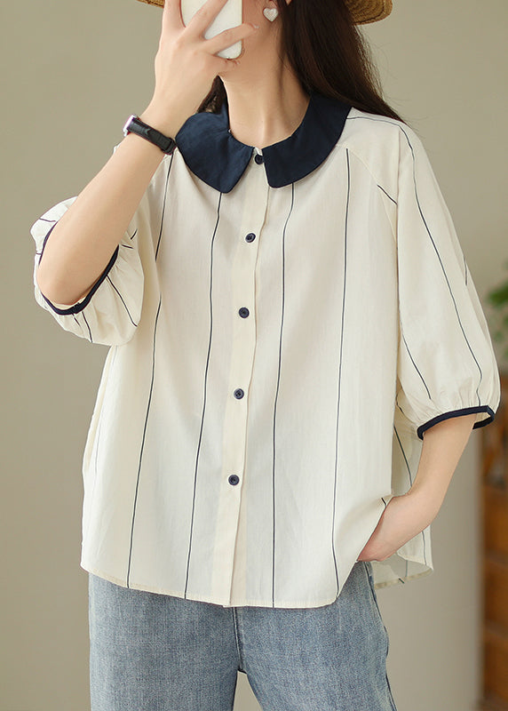 Loose Navy Peter Pan Collar Striped Cotton Shirts Summer